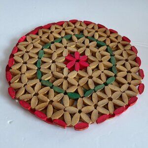1970s Wood Bead Hot Plate Trivets Natural Colourful Set of 2 Bohemian